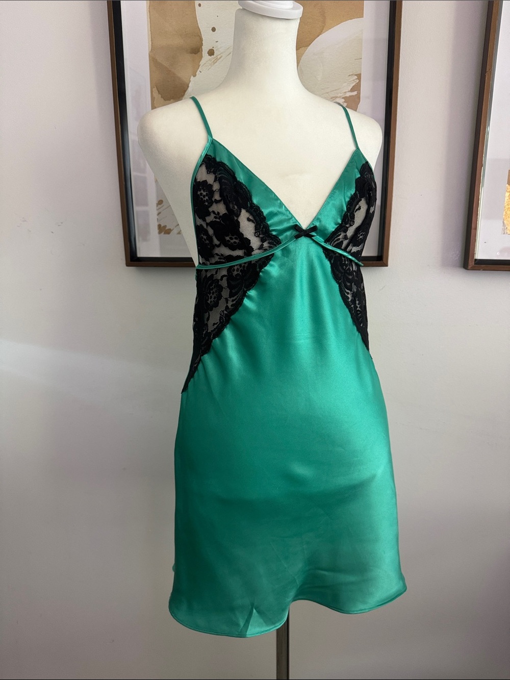 Frederick’s of Hollywood vibrant green satin slip dress black lace trim